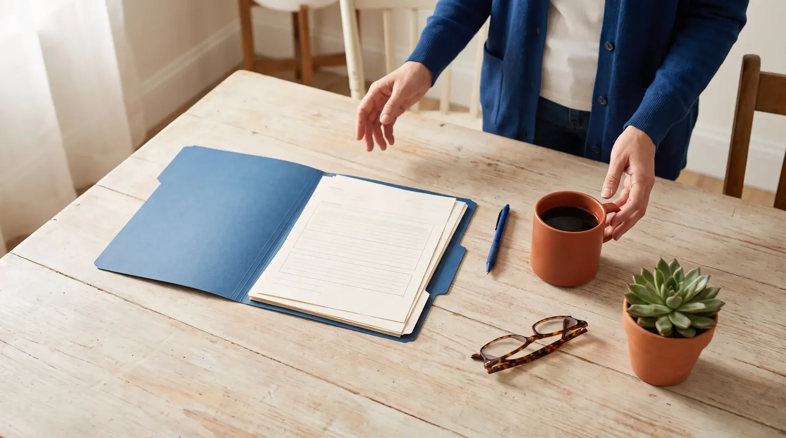 Beratungstisch mit blauer Mappe, Kaffee und Brille