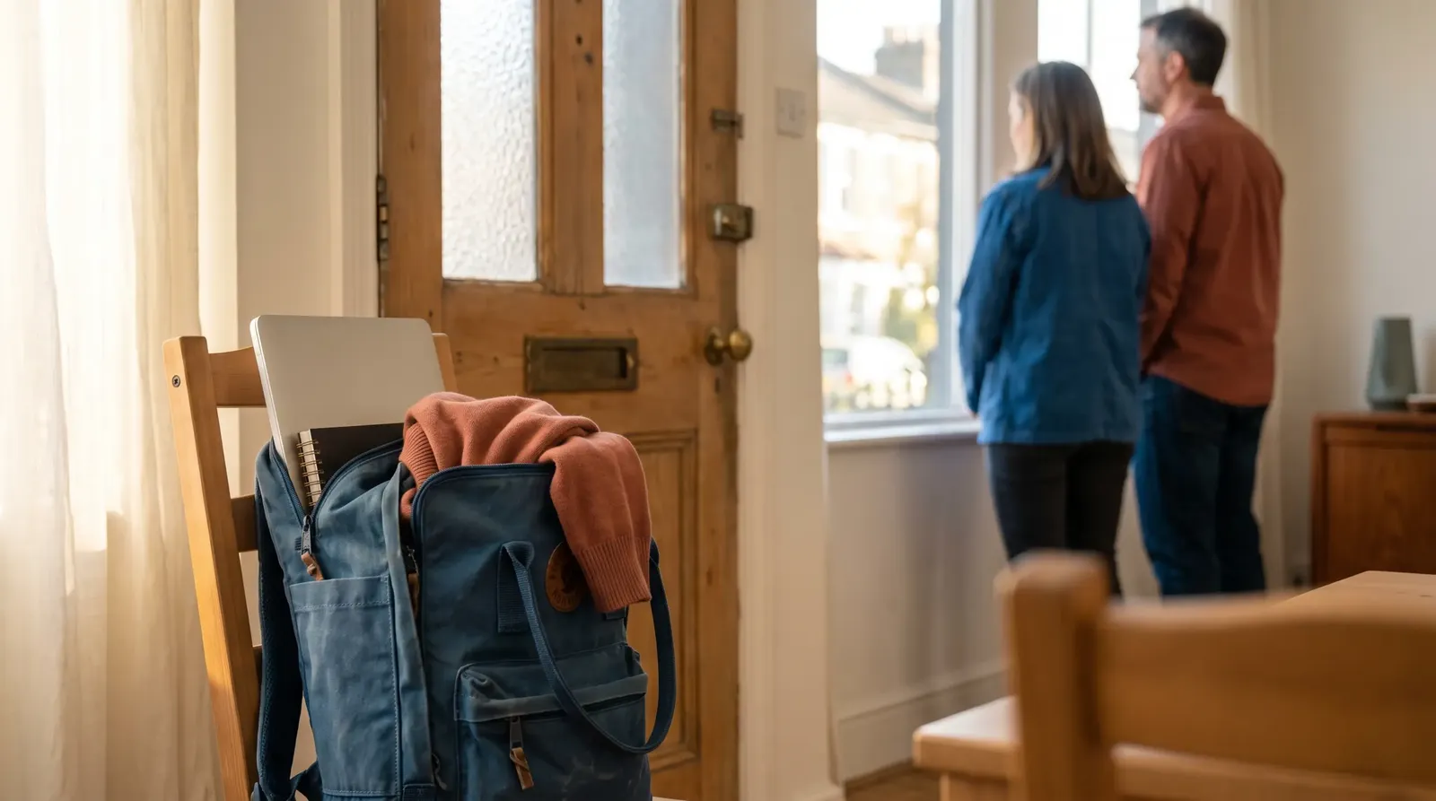 Gepackter Rucksack mit Laptop an der Haustür – der erste Tag der Umschulung