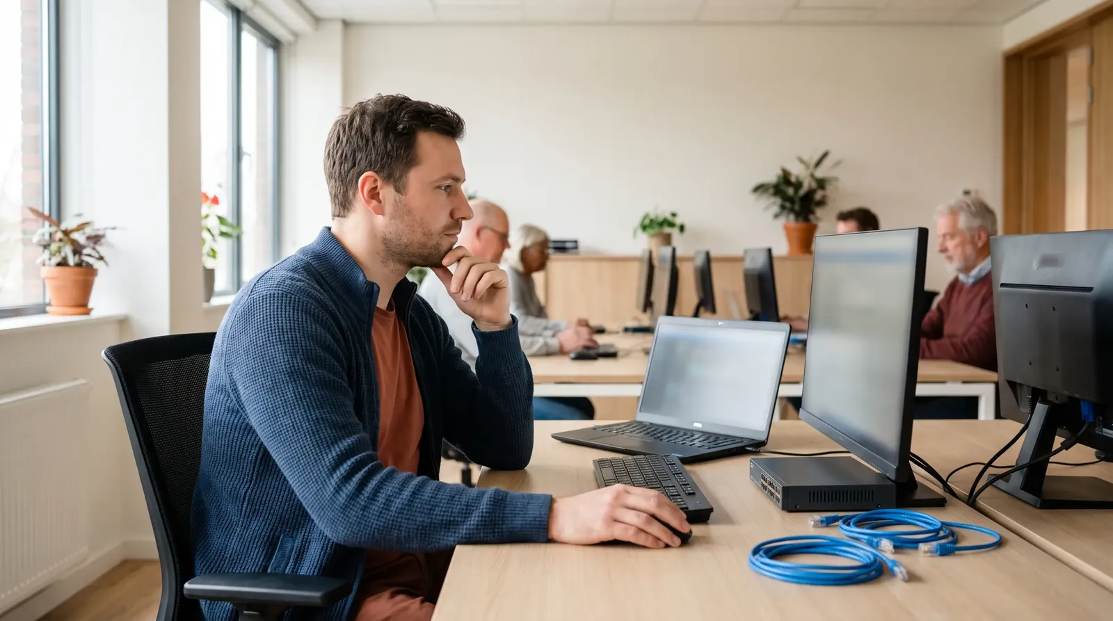 Umschulung zum Fachinformatiker in Mannheim: Mann arbeitet am Laptop neben Monitor und Netzwerkkabeln