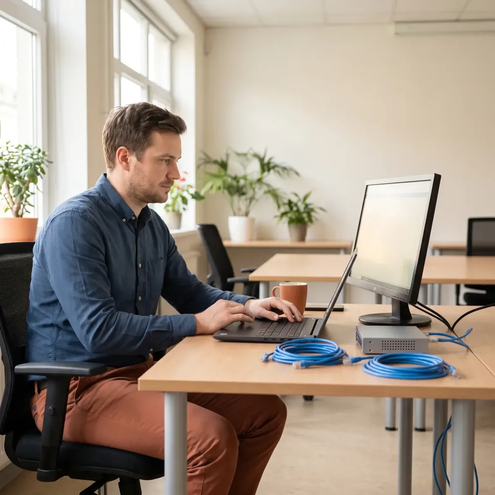 Umschulung zum Fachinformatiker in Mannheim: Mann arbeitet am Laptop neben Monitor und Netzwerkkabeln