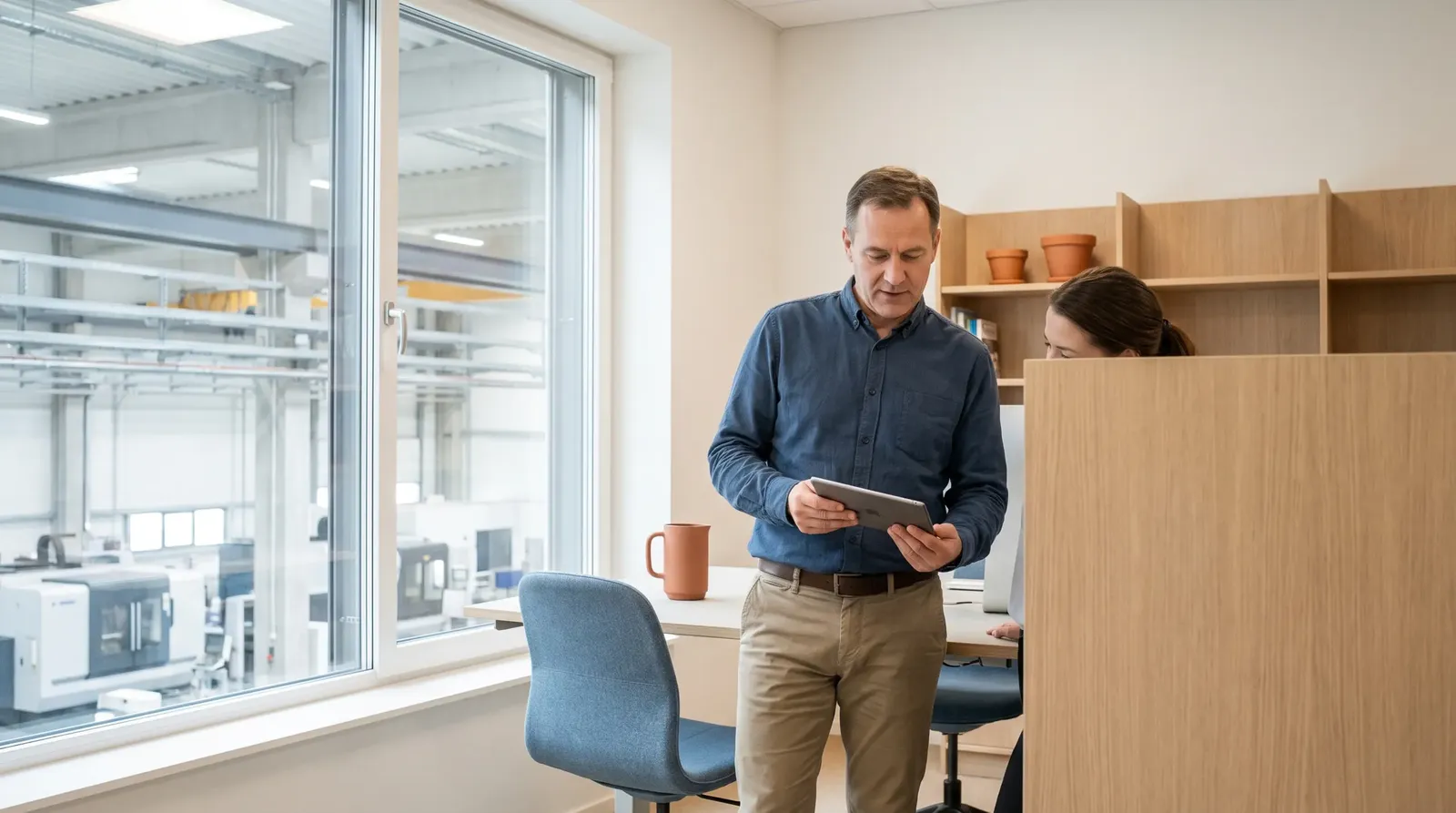 Umschulung Industriekaufmann in Mannheim: Mann mit Tablet im Büro mit Blick in die Produktionshalle