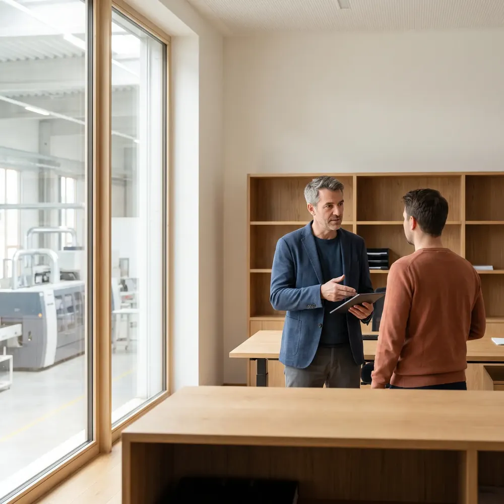 Umschulung Industriekaufmann in Mannheim: Mann mit Tablet im Büro mit Blick in die Produktionshalle