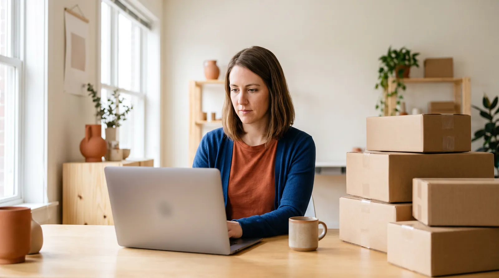 Umschulung Kauffrau im E-Commerce in Mannheim: Frau prüft Bestellungen am Laptop neben Versandkartons