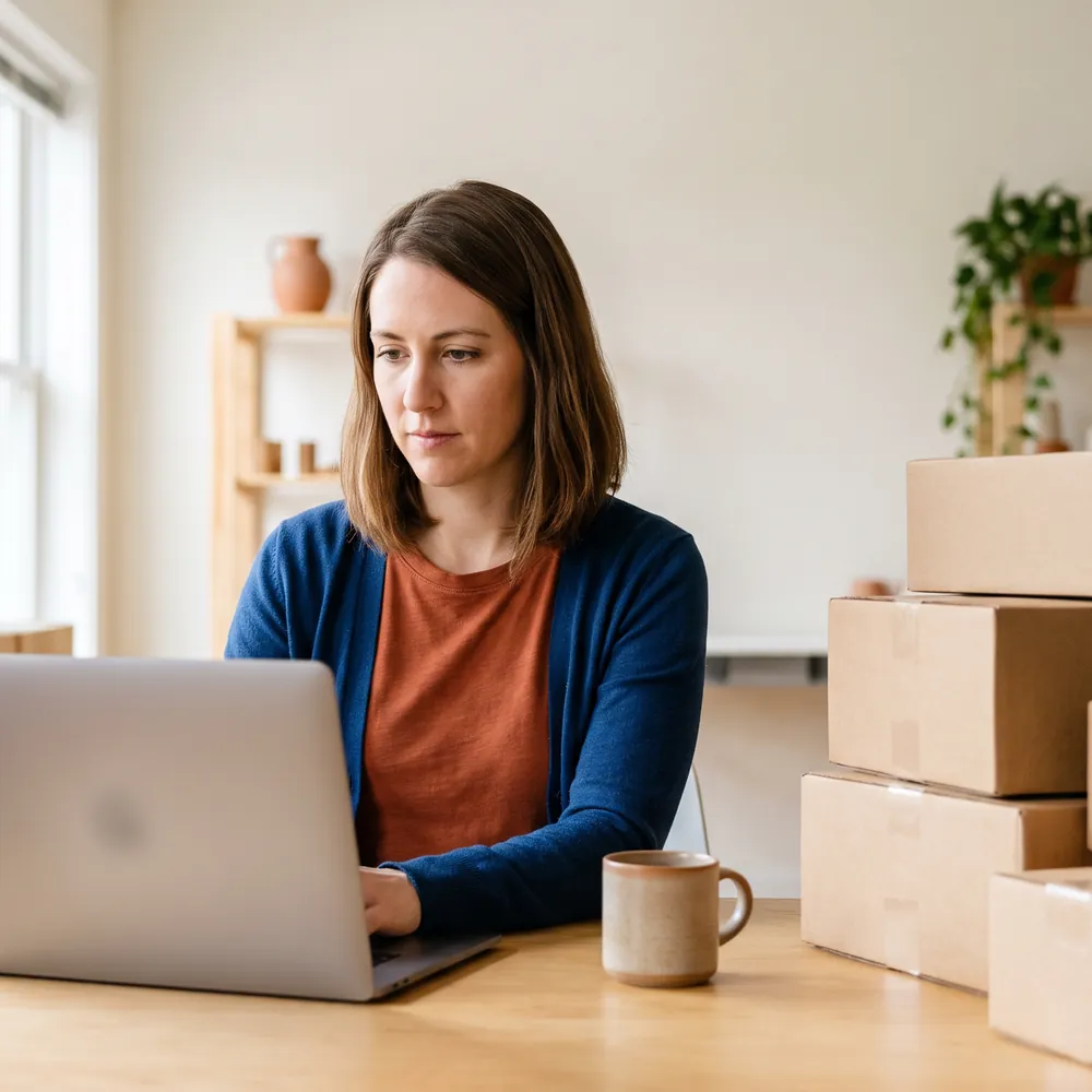 Umschulung Kauffrau im E-Commerce in Mannheim: Frau prüft Bestellungen am Laptop neben Versandkartons