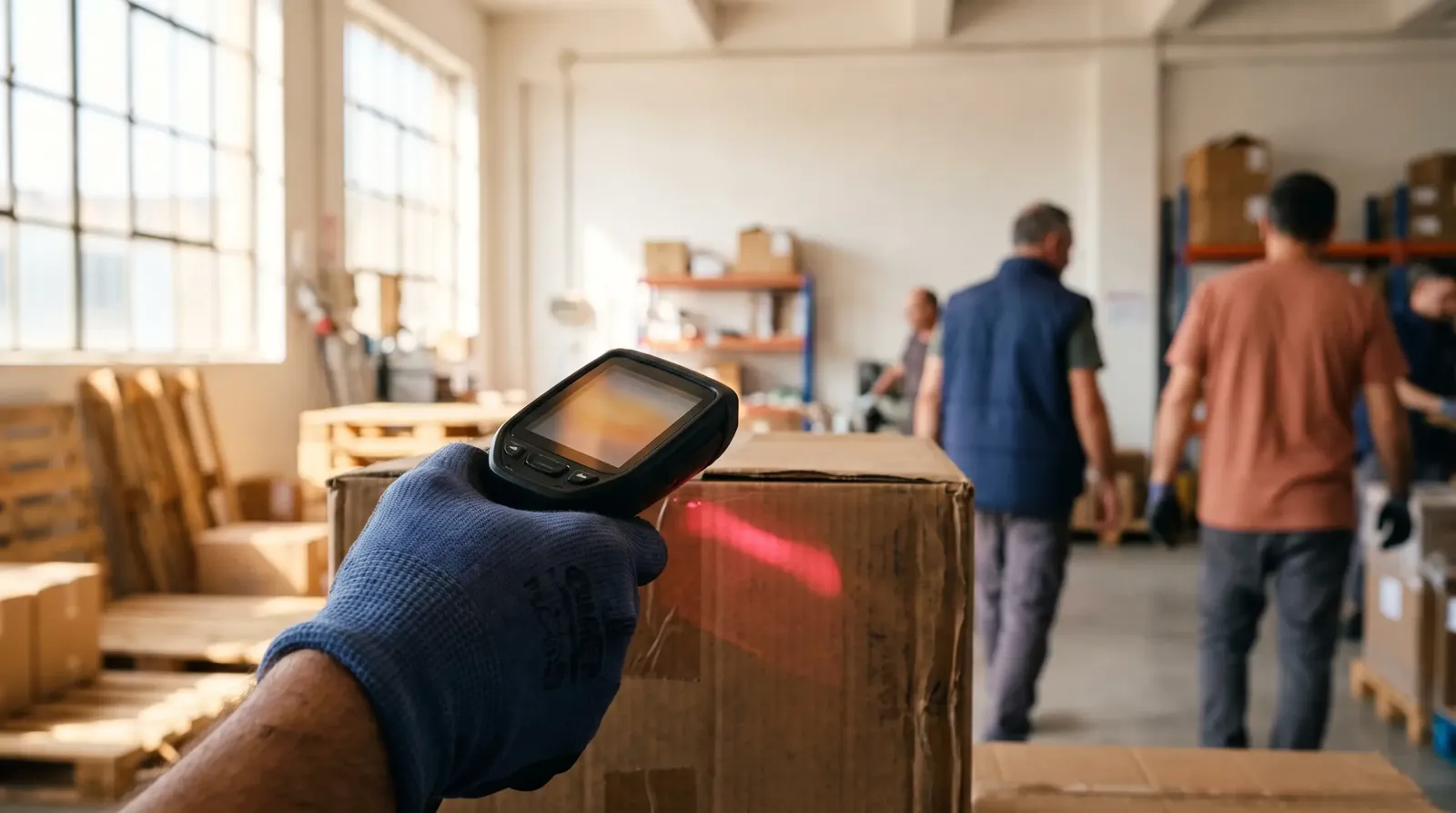 Hand mit Handscanner scannt einen Karton in der Lagerpraxis