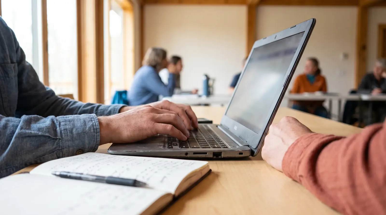 Hände tippen im Kurs auf einer Laptop-Tastatur, daneben ein Notizbuch