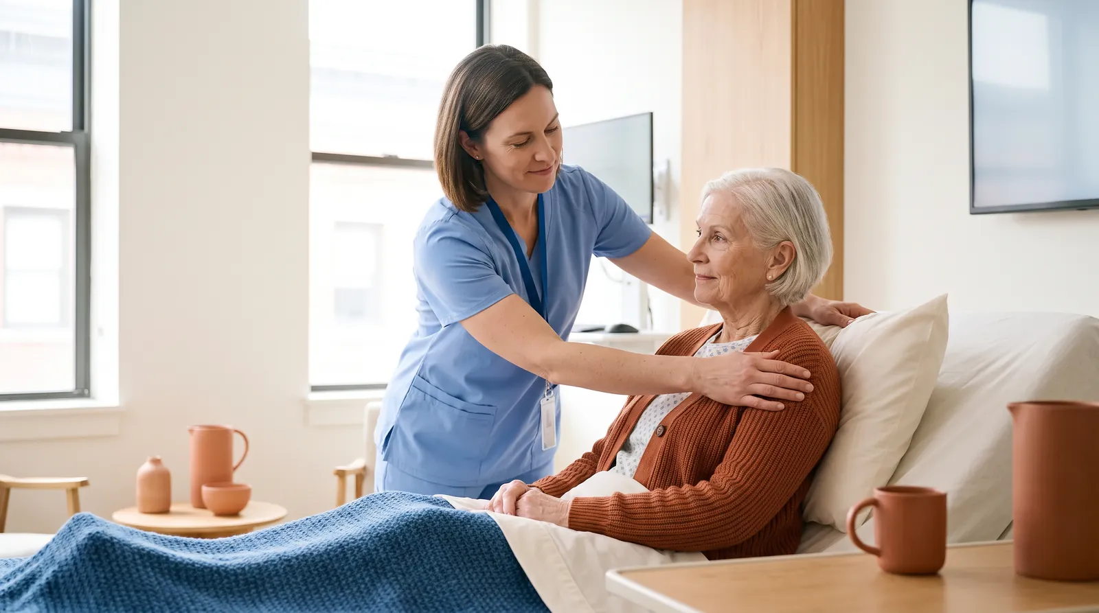 Umschulung Pflegefachfrau in Mannheim: Pflegekraft hilft einer älteren Patientin im Bett