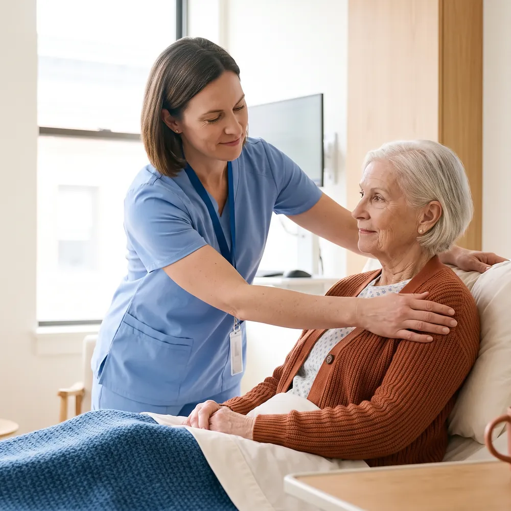 Umschulung Pflegefachfrau in Mannheim: Pflegekraft hilft einer älteren Patientin im Bett